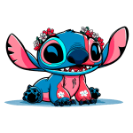 Personagem Stitch, de pele azul e rosa, com flores na cabeça, sorrindo e sentado. Design colorido e estilizado, inspirado em animações. Ideal para fãs de desenhos animados e cultura pop.