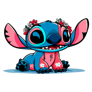Personagem Stitch, de pele azul e rosa, com flores na cabeça, sorrindo e sentado. Design colorido e estilizado, inspirado em animações. Ideal para fãs de desenhos animados e cultura pop.