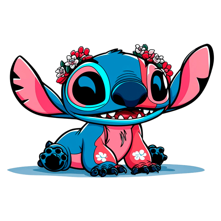 Personagem Stitch, de pele azul e rosa, com flores na cabeça, sorrindo e sentado. Design colorido e estilizado, inspirado em animações. Ideal para fãs de desenhos animados e cultura pop.