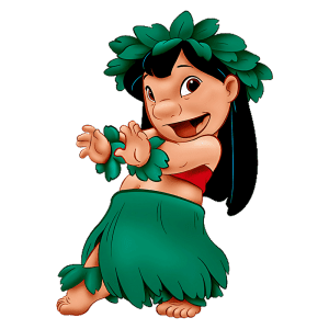 Personagem Lilo com saia de grama e adereços, sorrindo e dançando alegremente, representando a cultura havaiana.