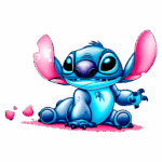 Personagem Stitch com orelhas grandes, sentado, sorrindo e cercado por pequenas gotas brilhantes. Ideal para temas de desenhos animados e cultura pop.