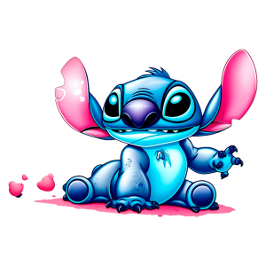 Personagem Stitch com orelhas grandes, sentado, sorrindo e cercado por pequenas gotas brilhantes. Ideal para temas de desenhos animados e cultura pop.