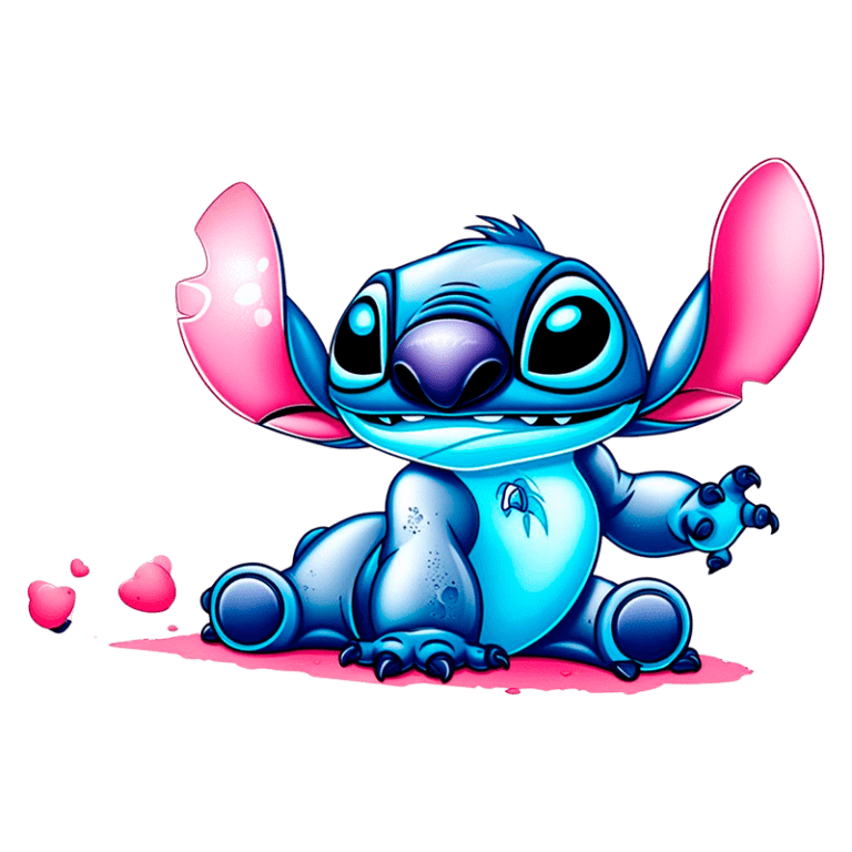 Personagem Stitch com orelhas grandes, sentado, sorrindo e cercado por pequenas gotas brilhantes. Ideal para temas de desenhos animados e cultura pop.