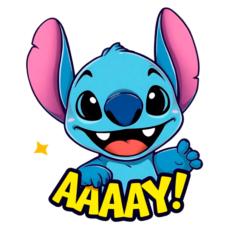 Stitch acenando e dizendo "AAAY!". Fundo verde. Ideal para fãs de artes digitais e cultura pop.