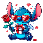Personagem Stitch usando óculos de coração, segurando uma rosa e um presente embrulhado, com corações ao redor. Ideal para temas de amor e celebrações.