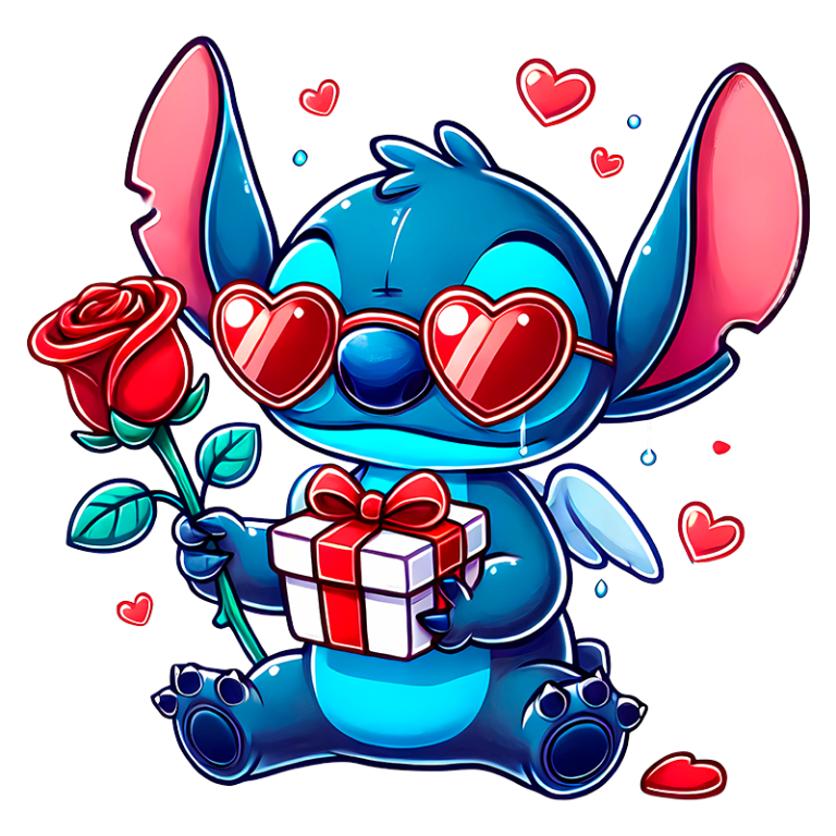 Personagem Stitch usando óculos de coração, segurando uma rosa e um presente embrulhado, com corações ao redor. Ideal para temas de amor e celebrações.