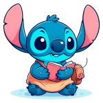 Stitch segurando um livro rosa, vestido com uma saia laranja e uma mochila, em um fundo verde. Ideal para temas de leitura e personagens animados.
