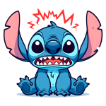 Personagem de desenho animado Stitch, com corpo azul e grandes orelhas rosa, exibindo expressões de raiva e frustração, sentado no chão com as patas dianteiras levantadas. Fundo verde.