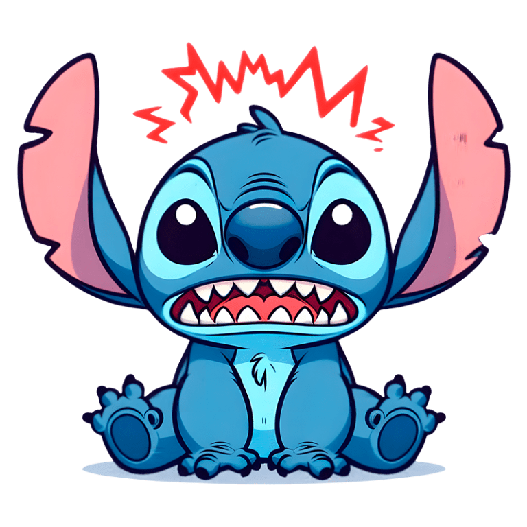 Personagem de desenho animado Stitch, com corpo azul e grandes orelhas rosa, exibindo expressões de raiva e frustração, sentado no chão com as patas dianteiras levantadas. Fundo verde.
