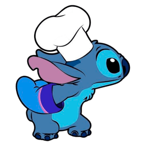 Personagem Stitch vestido de chef, com um chapéu de cozinheiro branco e manchas verdes, mostrando uma expressão divertida e brincalhona. Ideal para temas de culinária e animação.