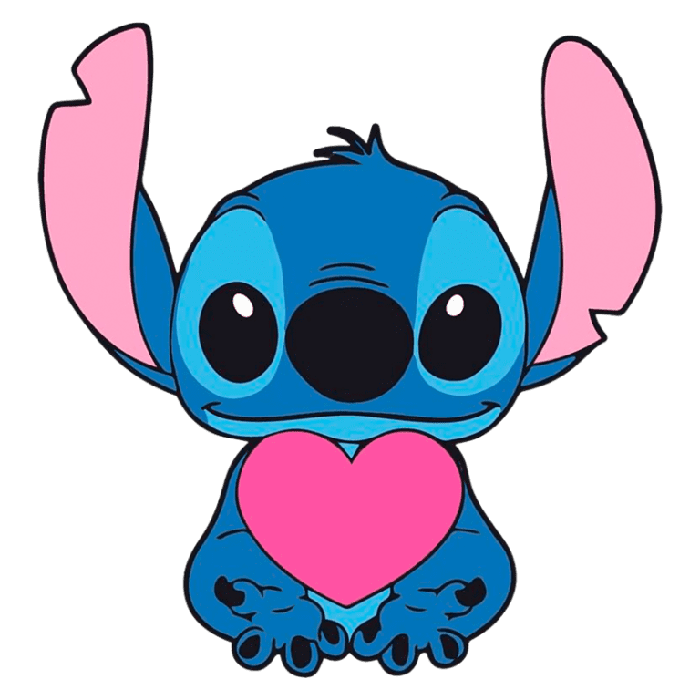 Personagem Stitch, do filme "Lilo & Stitch", com pele azul e orelhas pink, segurando um coração rosa nas mãos, transmitindo carinho e amizade.