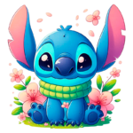 Personagem Stitch com um cachecol verde, cercado por flores e folhas verdes em um fundo colorido. Ideal para amantes de ilustrações fofas e arte digital.