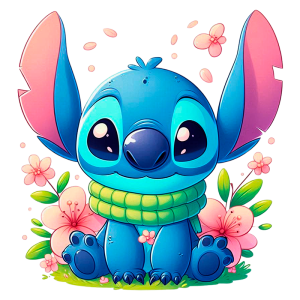 Personagem Stitch com um cachecol verde, cercado por flores e folhas verdes em um fundo colorido. Ideal para amantes de ilustrações fofas e arte digital.