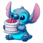 Personagem Stitch comendo um bolo decorado com morangos, em um estilo de ilustração animada, fundo verde.