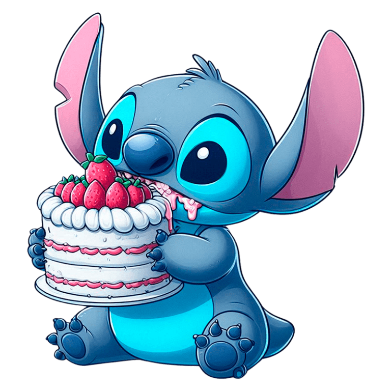 Personagem Stitch comendo um bolo decorado com morangos, em um estilo de ilustração animada, fundo verde.