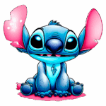 Personagem desenhos animados Stitch, com pele azul e orelhas rosas grandes, sentado em uma superfície rosa, expressando alegria e curiosidade.