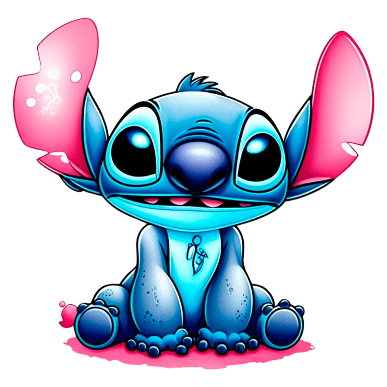 Personagem desenhos animados Stitch, com pele azul e orelhas rosas grandes, sentado em uma superfície rosa, expressando alegria e curiosidade.