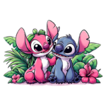 Ilustração colorida de Stitch e Angel, personagens da Disney, rodeados por folhas verdes e flores, transmitindo um clima tropical e de amizade.