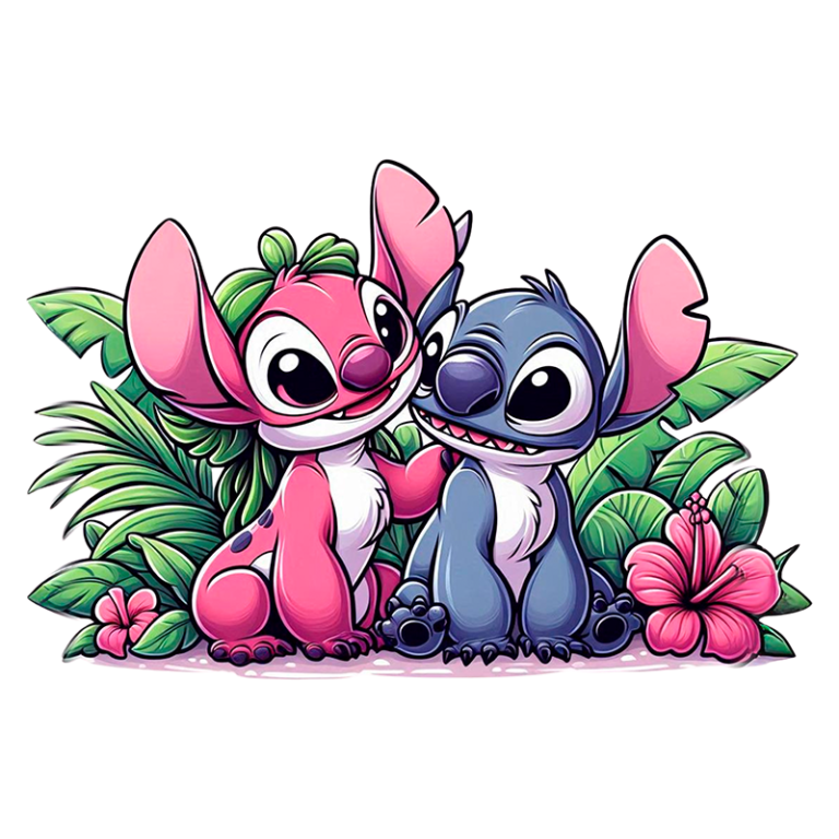 Ilustração colorida de Stitch e Angel, personagens da Disney, rodeados por folhas verdes e flores, transmitindo um clima tropical e de amizade.