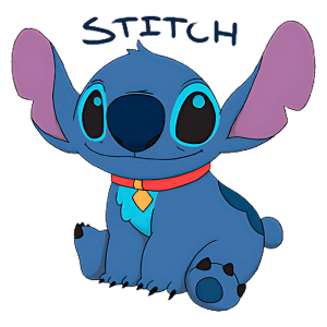 Personagem Stitch de "Lilo & Stitch", com pelagem azul, orelhas grandes e expressão amigável, sentado e usando um colarinho vermelho com um pingente amarelo.