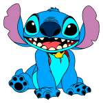 Personagem Stitch, do filme Lilo & Stitch, sorrindo e com as orelhas grandes, sentado sobre um fundo verde. Ele possui pelagem azul, olhos grandes e expressivos, e está usando um colar amarelo. Ideal para conteúdos sobre animação e personagens da Disney.