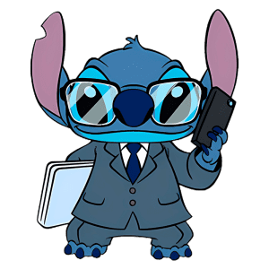 Personagem fictício Stitch, vestido com um terno escuro e gravata, usando óculos grandes, segurando um celular na mão direita e uma pasta na mão esquerda, em um fundo verde.