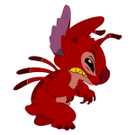 Personagem Stitch de pelagem vermelha com asas, dentes expostos e expressão feroz, inspirado no universo da animação da Disney.