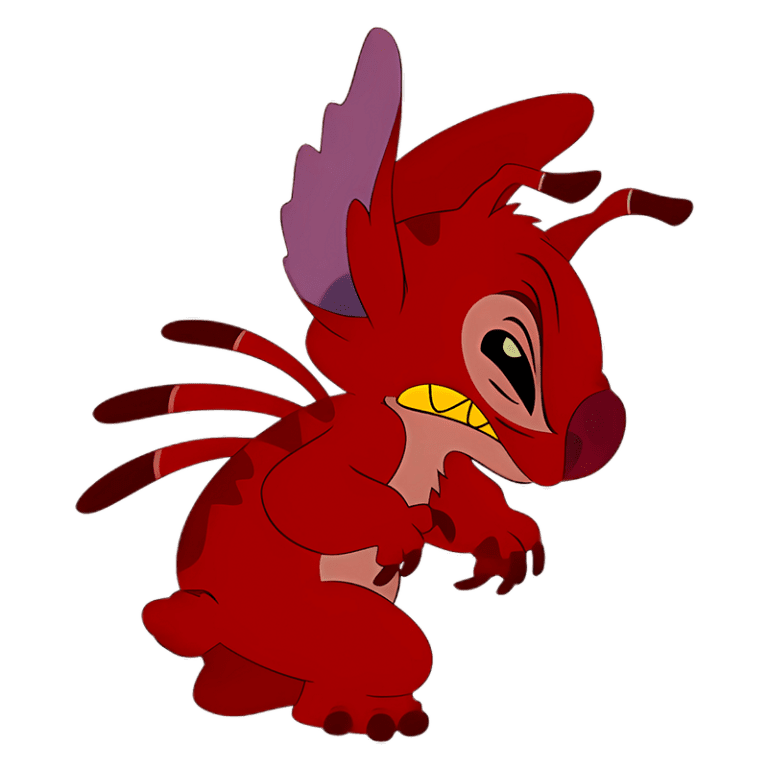 Personagem Stitch de pelagem vermelha com asas, dentes expostos e expressão feroz, inspirado no universo da animação da Disney.