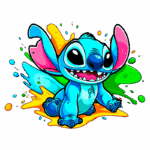 Personagem de desenho animado Stitch, em uma pose brincalhona, com pelagem azul e grandes orelhas coloridas, cercado por respingos de tinta em cores vibrantes.
