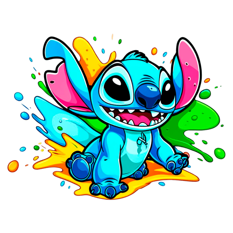 Personagem de desenho animado Stitch, em uma pose brincalhona, com pelagem azul e grandes orelhas coloridas, cercado por respingos de tinta em cores vibrantes.