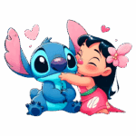 Imagem colorida de um Lilo e Stitch com Lilo abraçando Stitch, ambos sorrindo e cercados por corações. A cena representa amizade e amor, caracterizada pelas cores vibrantes e traços caricaturais dos personagens.