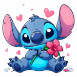 Personagem cartoon Stitch segurando uma flor rosa, cercado por corações, em fundo verde. Ideal para temas de amor e amizade.
