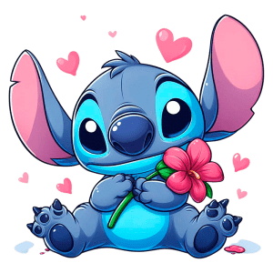 Personagem cartoon Stitch segurando uma flor rosa, cercado por corações, em fundo verde. Ideal para temas de amor e amizade.