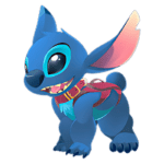 Personagem animado Stitch, do filme "Lilo & Stitch", com pelagem azul, orelhas grandes e olhos expressivos, usando um cinto vermelho.