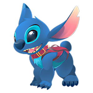 Personagem animado Stitch, do filme "Lilo & Stitch", com pelagem azul, orelhas grandes e olhos expressivos, usando um cinto vermelho.