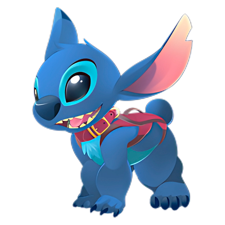 Personagem animado Stitch, do filme "Lilo & Stitch", com pelagem azul, orelhas grandes e olhos expressivos, usando um cinto vermelho.