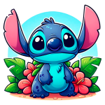 Stitch cercado por folhas e flores tropicais vibrantes. Ideal para temas de animação ou cultura pop.