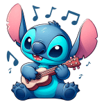 Personagem animado Stitch, azul e fofo, tocando um ukulele e sorrindo, cercado por notas musicais. Ideal para conteúdo sobre música, personagens de animação ou cultura pop.