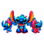Ilustração colorida de três criaturas inspiradas em Stitch, com tons vibrantes de azul e rosa, expressando alegria e amizade. A imagem destaca detalhes divertidos e características únicas de cada personagem.