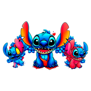Ilustração colorida de três criaturas inspiradas em Stitch, com tons vibrantes de azul e rosa, expressando alegria e amizade. A imagem destaca detalhes divertidos e características únicas de cada personagem.