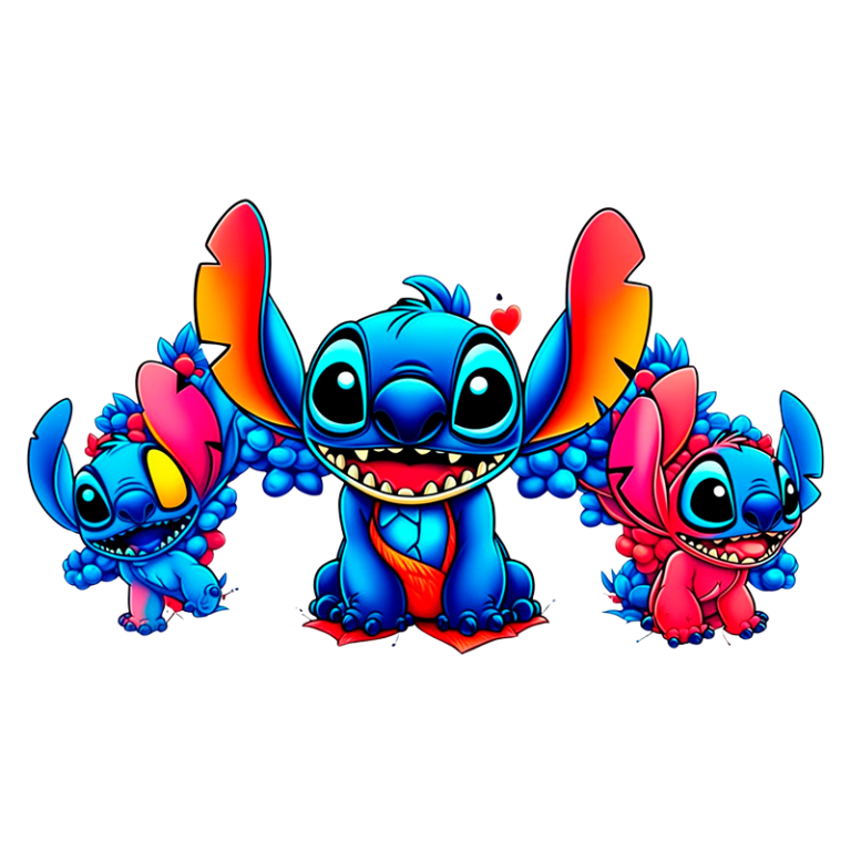 Ilustração colorida de três criaturas inspiradas em Stitch, com tons vibrantes de azul e rosa, expressando alegria e amizade. A imagem destaca detalhes divertidos e características únicas de cada personagem.