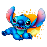 Personagem animado Stitch, de pelagem azul vibrante, sorrindo com grandes olhos e orelhas rosa, sentado em frente a um fundo colorido. Ideal para conteúdos sobre Disney, animação e cultura pop.