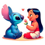 Personagens animados Stitch e Lilo, com Stitch olhando para Lilo enquanto ela segura uma rosa. Eles estão em um fundo colorido com corações, representando amizade e carinho.