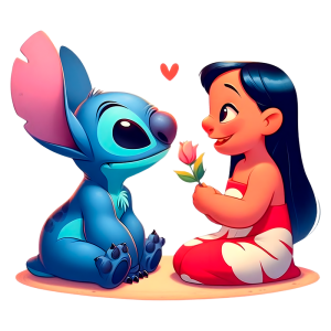 Personagens animados Stitch e Lilo, com Stitch olhando para Lilo enquanto ela segura uma rosa. Eles estão em um fundo colorido com corações, representando amizade e carinho.