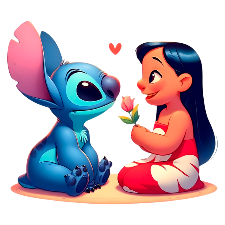 Personagens animados Stitch e Lilo, com Stitch olhando para Lilo enquanto ela segura uma rosa. Eles estão em um fundo colorido com corações, representando amizade e carinho.