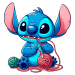 Stitch sentado e brincando com fios de lã coloridos, com grandes orelhas e olhos expressivos, em um fundo verde.