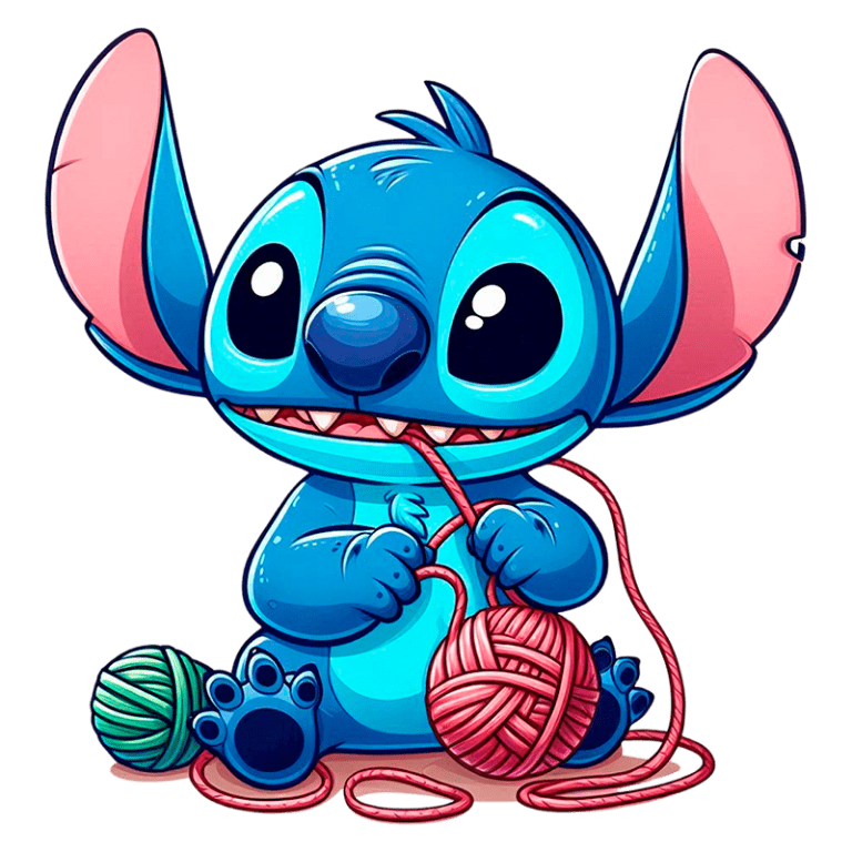 Stitch sentado e brincando com fios de lã coloridos, com grandes orelhas e olhos expressivos, em um fundo verde.