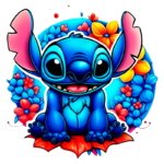 Personagem Stitch, do desenho animado, sentado em meio a flores coloridas em um fundo azul, com expressão facial alegre e orelhas grandes.