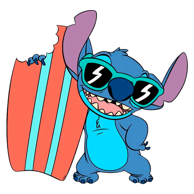 personagem Stitch, do filme "Lilo & Stitch", usa óculos de sol estilizados e segura uma prancha de surfe colorida, exibindo um sorriso alegre em um fundo verde.