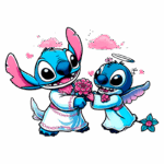 Ilustração de Stitch e Angel, personagens de Lilo & Stitch, vestidos com roupas brancas decoradas, trocando flores em um ambiente alegre com corações e nuvens pink. Perfeito para temas relacionados à amizade e amor entre personagens animados.